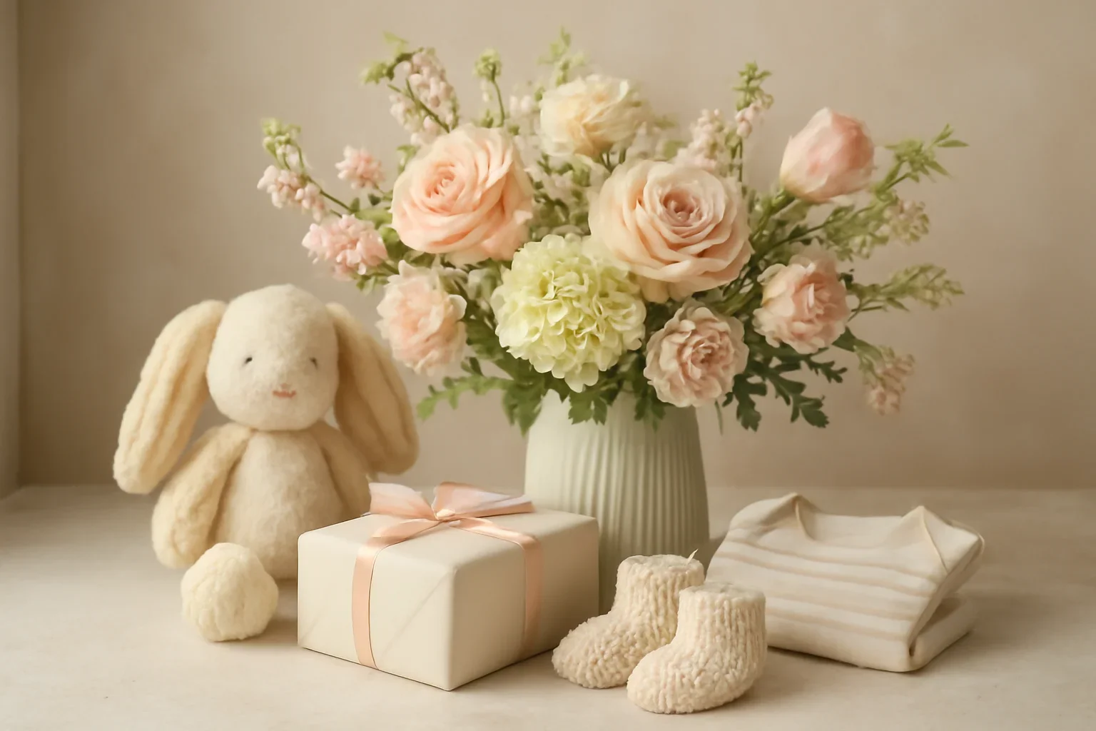 Editorial floral still life for best flowers and gifts for new parents