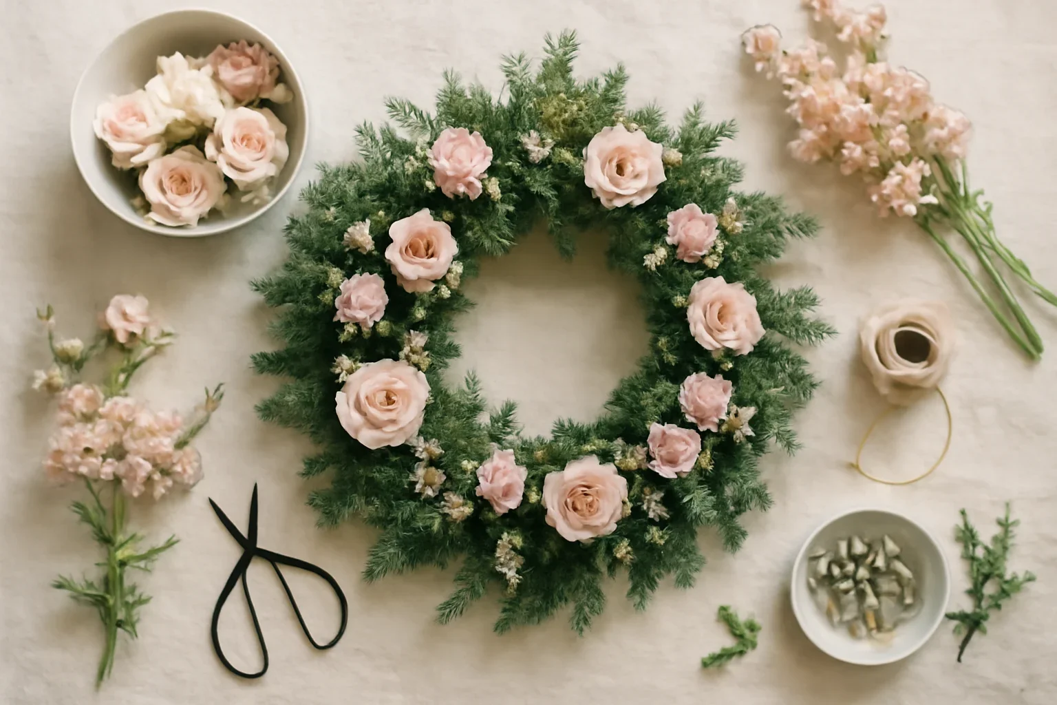 Editorial floral still life for christmas wreath workshop: what to expect