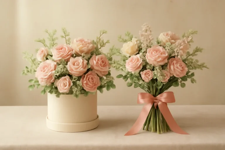 Editorial floral still life for hatbox flowers or hand-tied bouquet: which should you send?