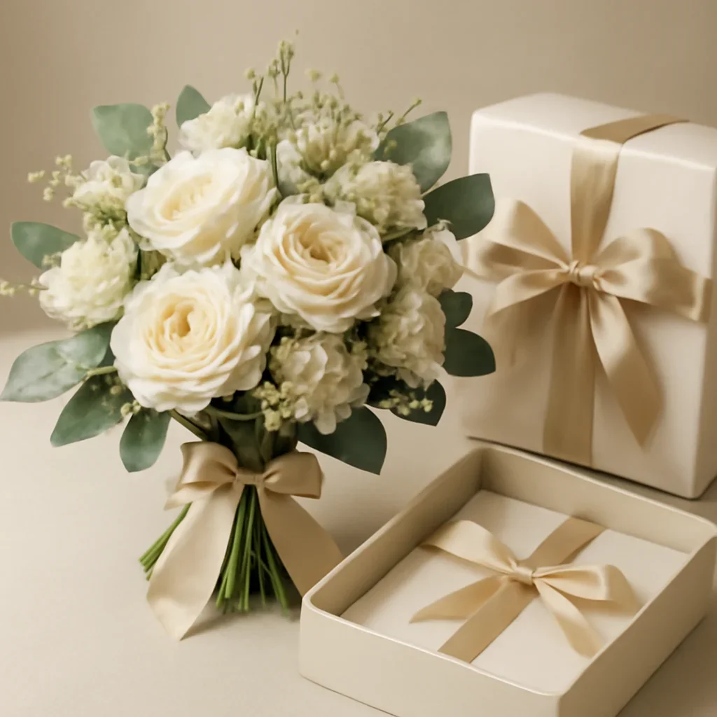 Refined bouquet and packaging detail for wedding case studies