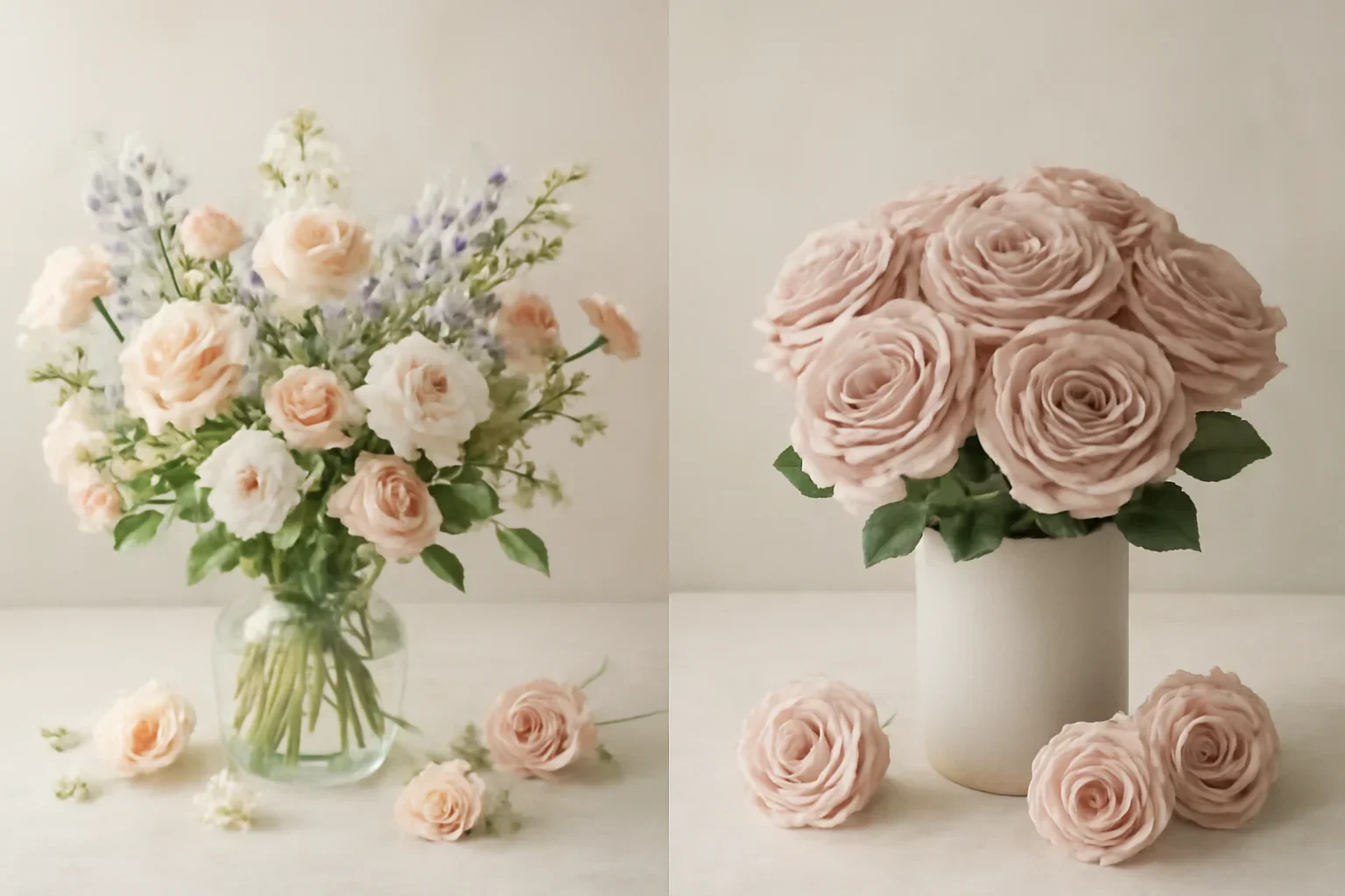 Editorial floral still life for fresh flowers vs everlasting roses