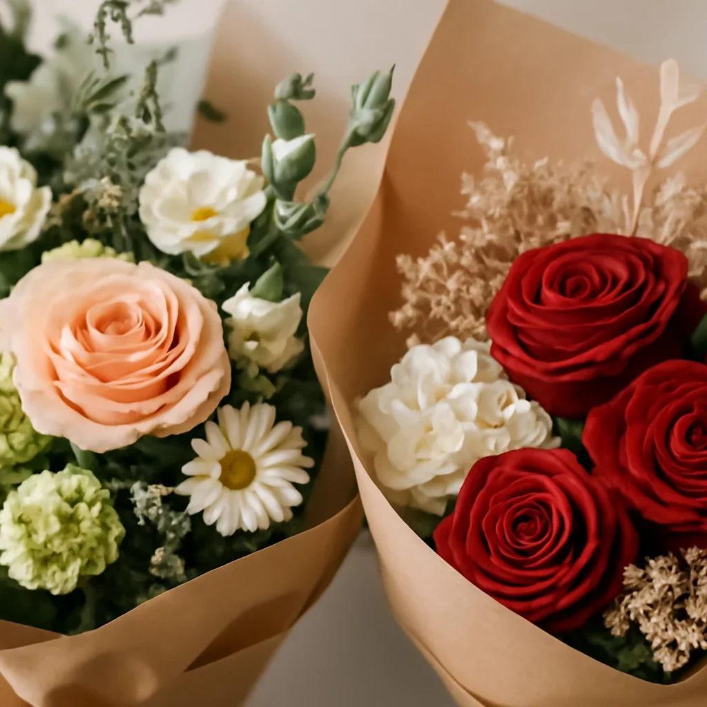 Close-up floral detail supporting fresh flowers vs everlasting roses