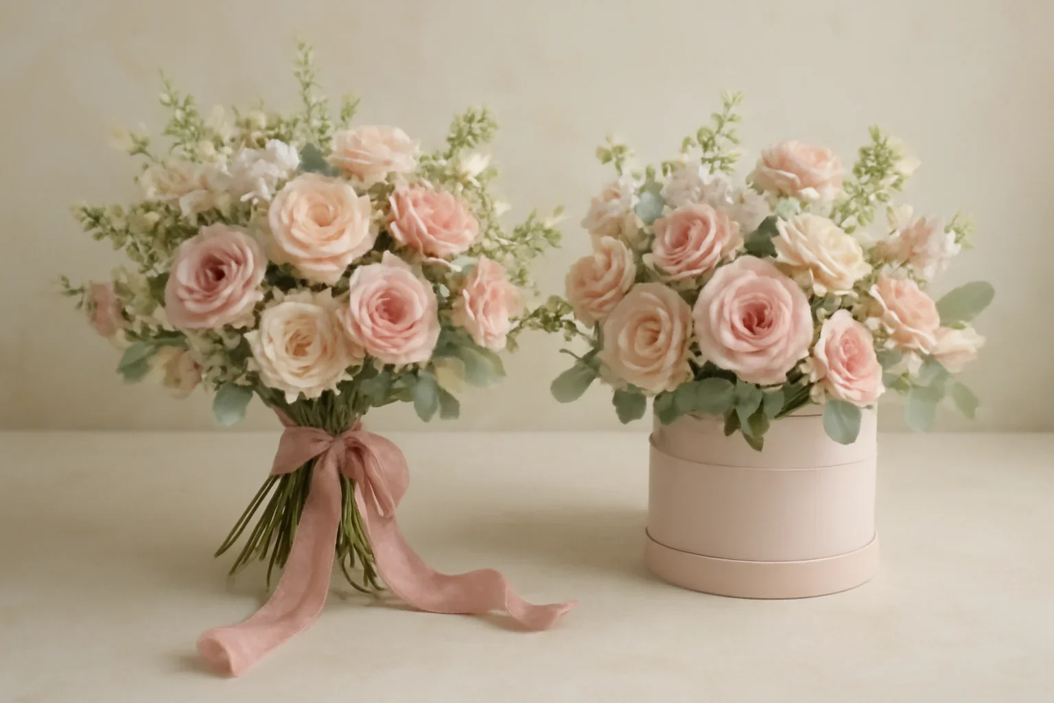 Editorial floral still life for hand-tied bouquet vs hatbox flowers