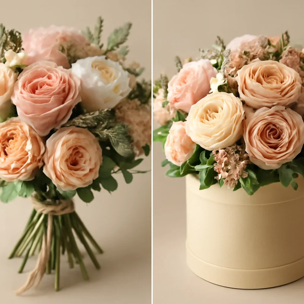 Close-up floral detail supporting hand-tied bouquet vs hatbox flowers