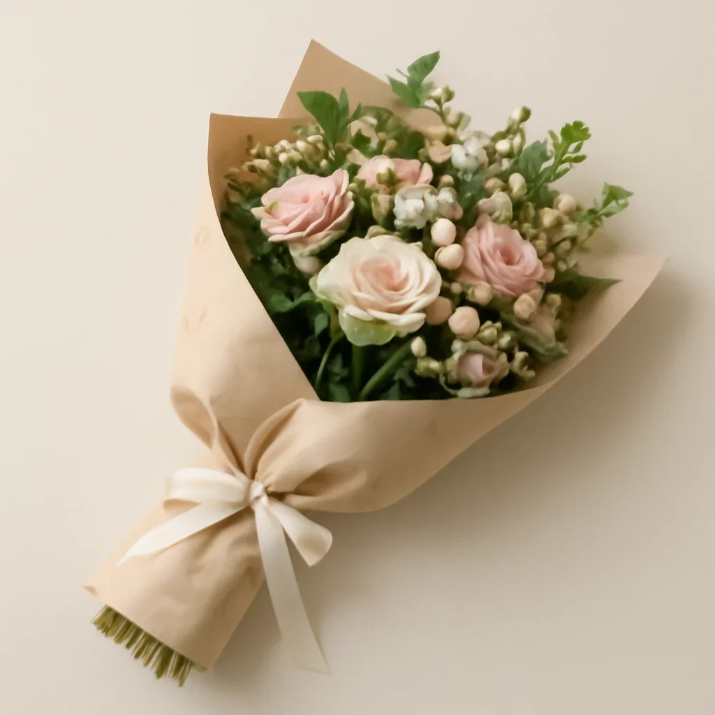 Wrapped bouquet subscription delivery with branded paper and ribbon