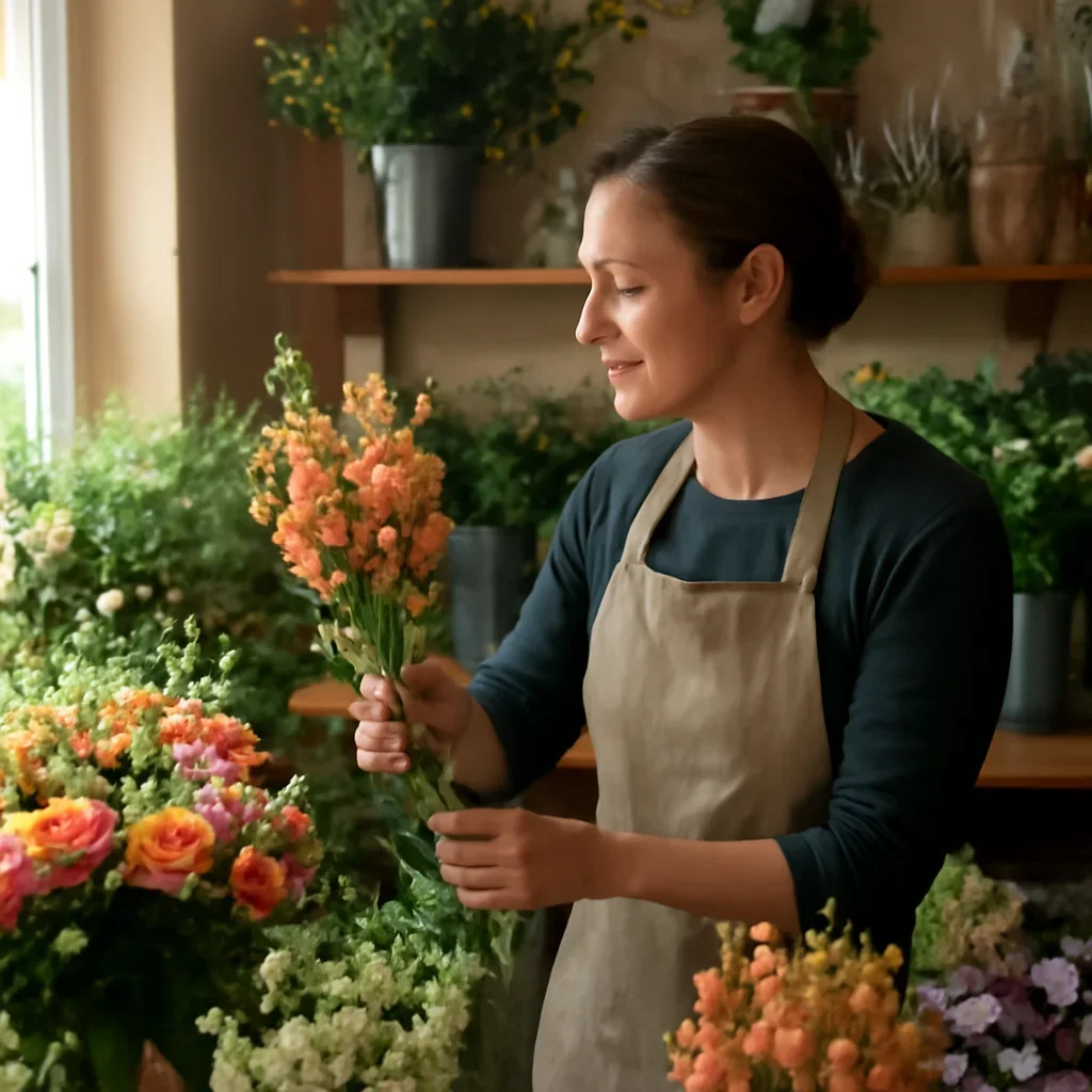 Florist selecting fresh stems for an order going to Boston Spa