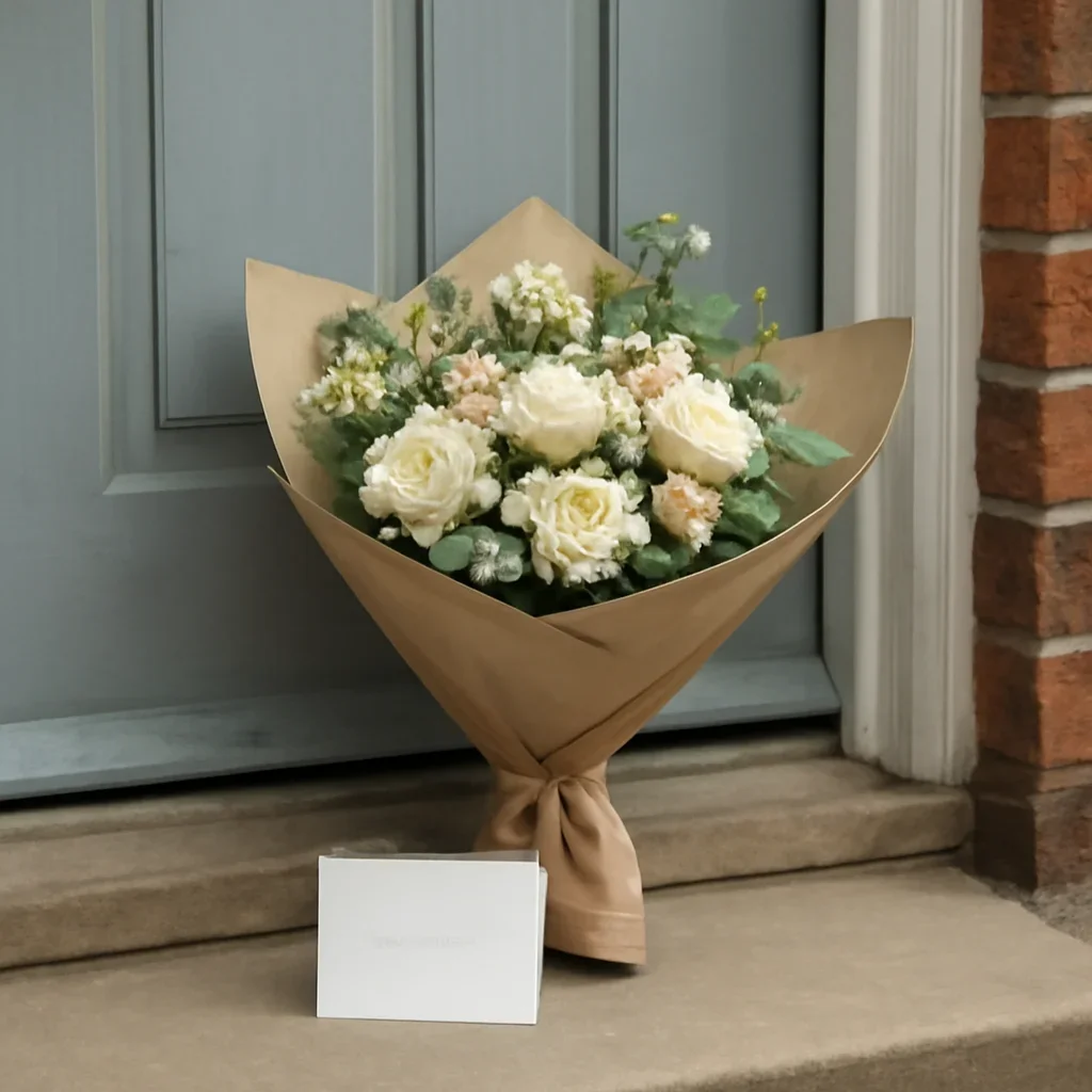 Wrapped flowers and gift card ready to leave for a home in Castleford