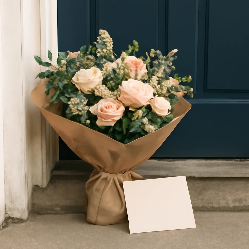 Wrapped flowers and gift card ready to leave for a home in Clifford