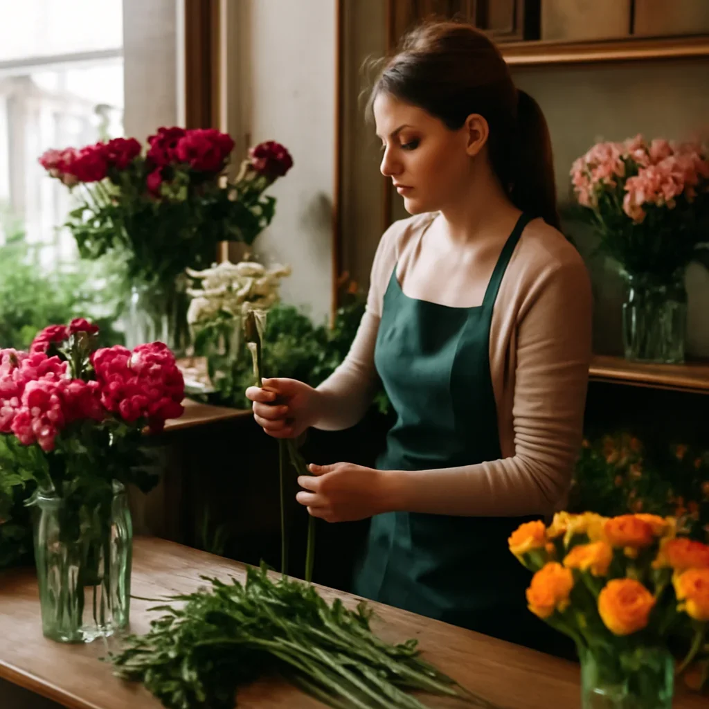 Florist selecting fresh stems for an order going to Clifford