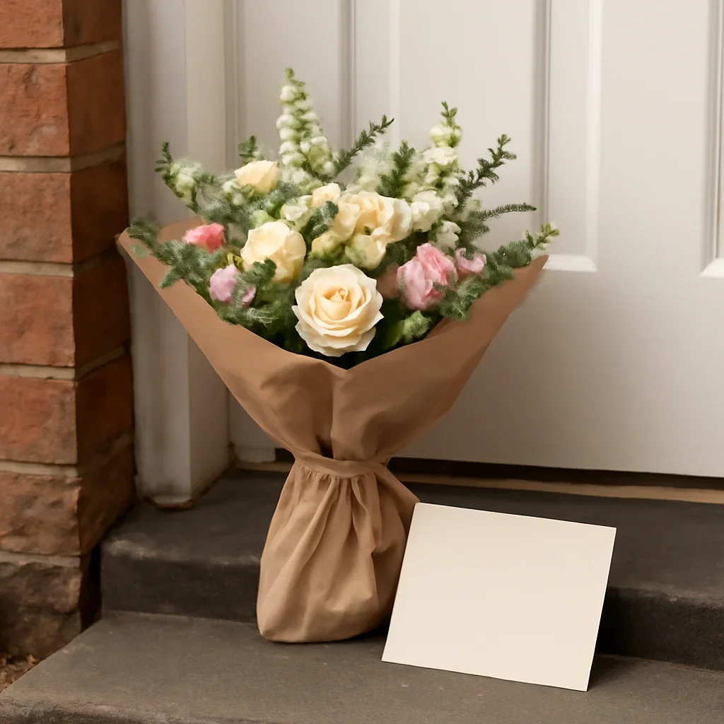 Wrapped flowers and gift card ready to leave for a home in East Leeds
