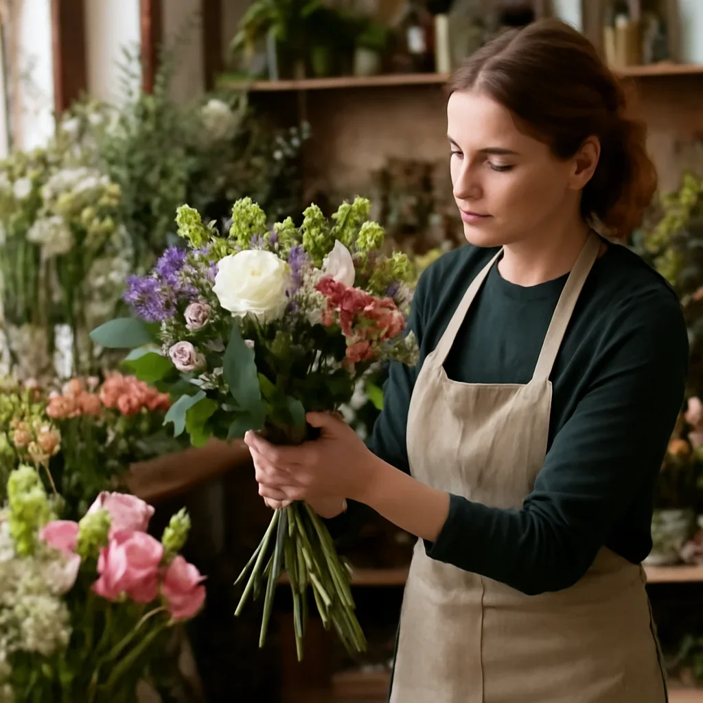Florist selecting fresh stems for an order going to East Leeds