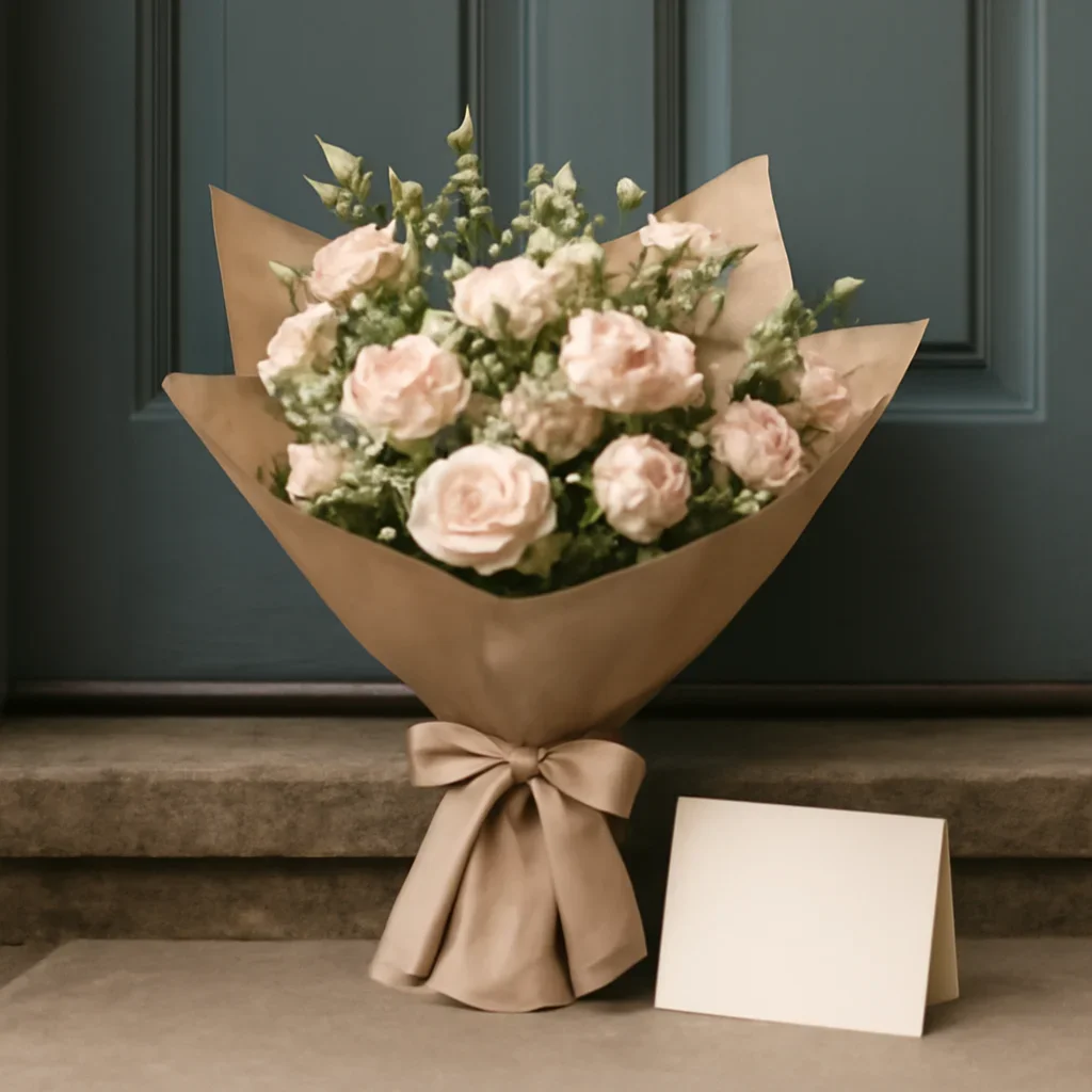 Wrapped flowers and gift card ready to leave for a home in Featherstone