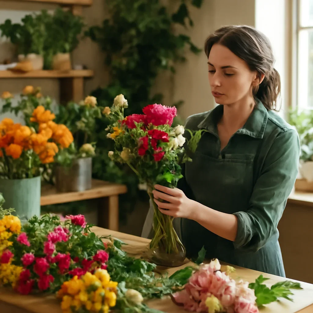 Florist selecting fresh stems for an order going to Featherstone