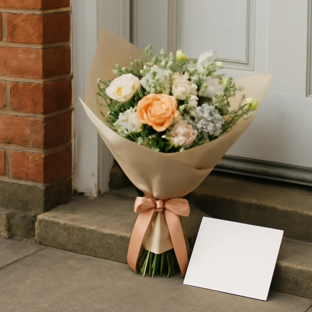 Wrapped flowers and gift card ready to leave for a home in Garforth