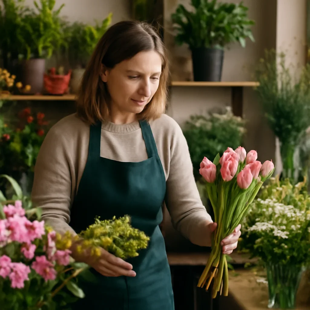 Florist selecting fresh stems for an order going to Garforth
