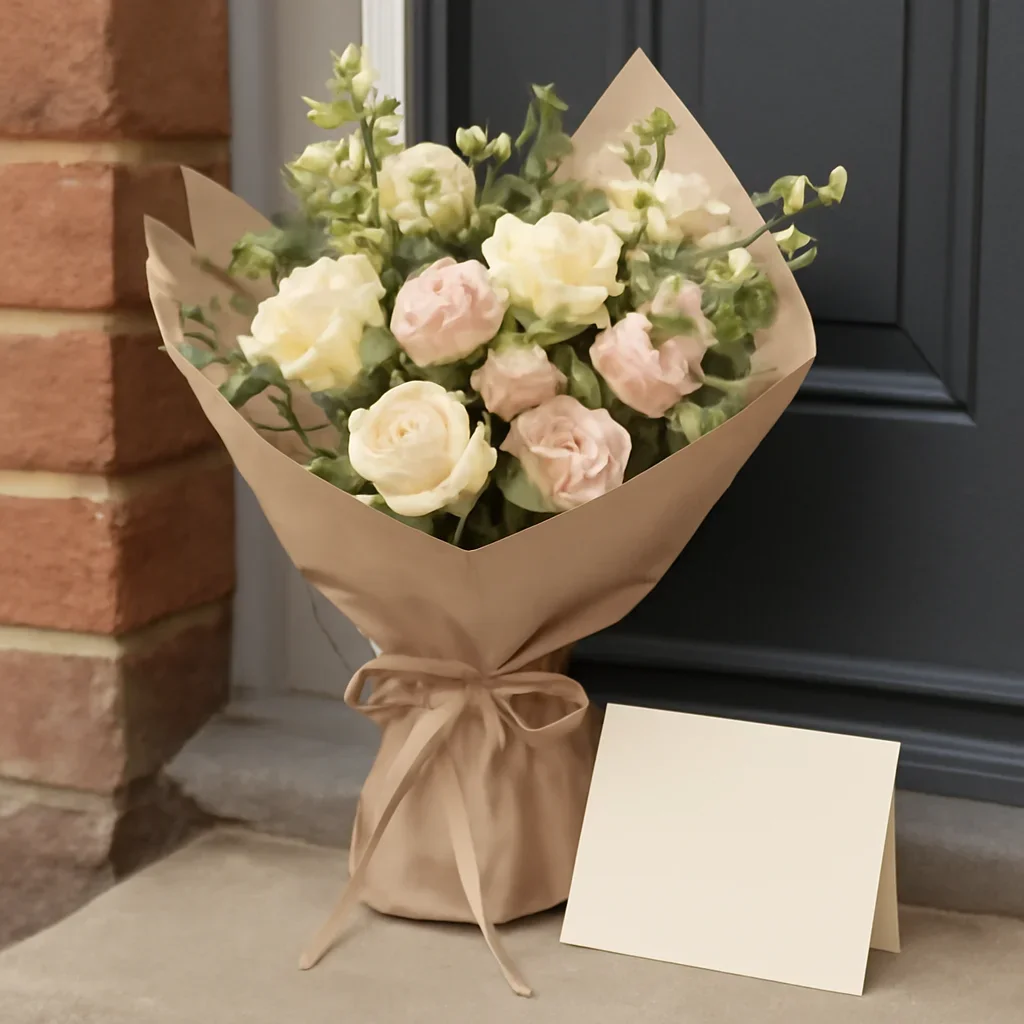 Wrapped flowers and gift card ready to leave for a home in Knottingley