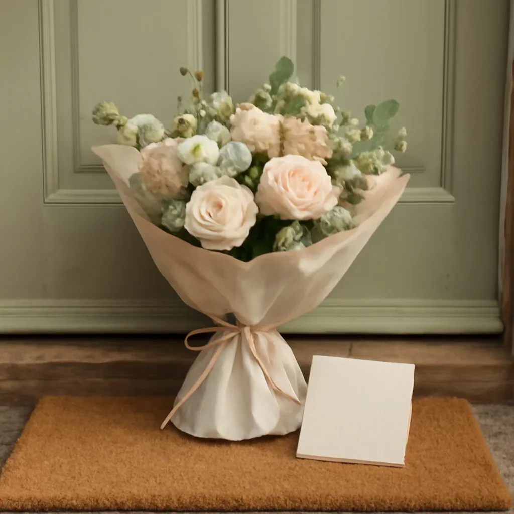 Wrapped flowers and gift card ready to leave for a home in Normanton