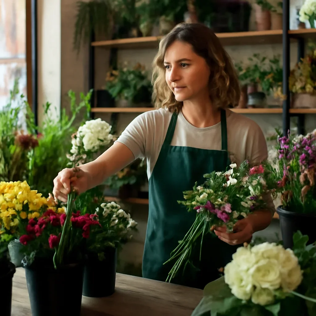 Florist selecting fresh stems for an order going to Normanton
