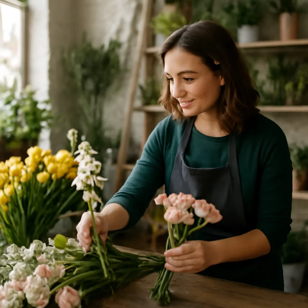 Florist selecting fresh stems for an order going to Pontefract