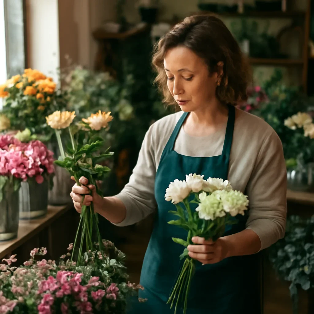 Florist selecting fresh stems for an order going to Selby