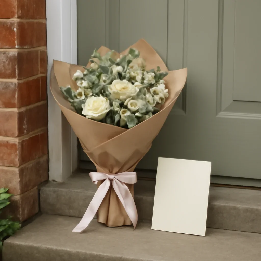 Wrapped flowers and gift card ready to leave for a home in Sherburn in Elmet
