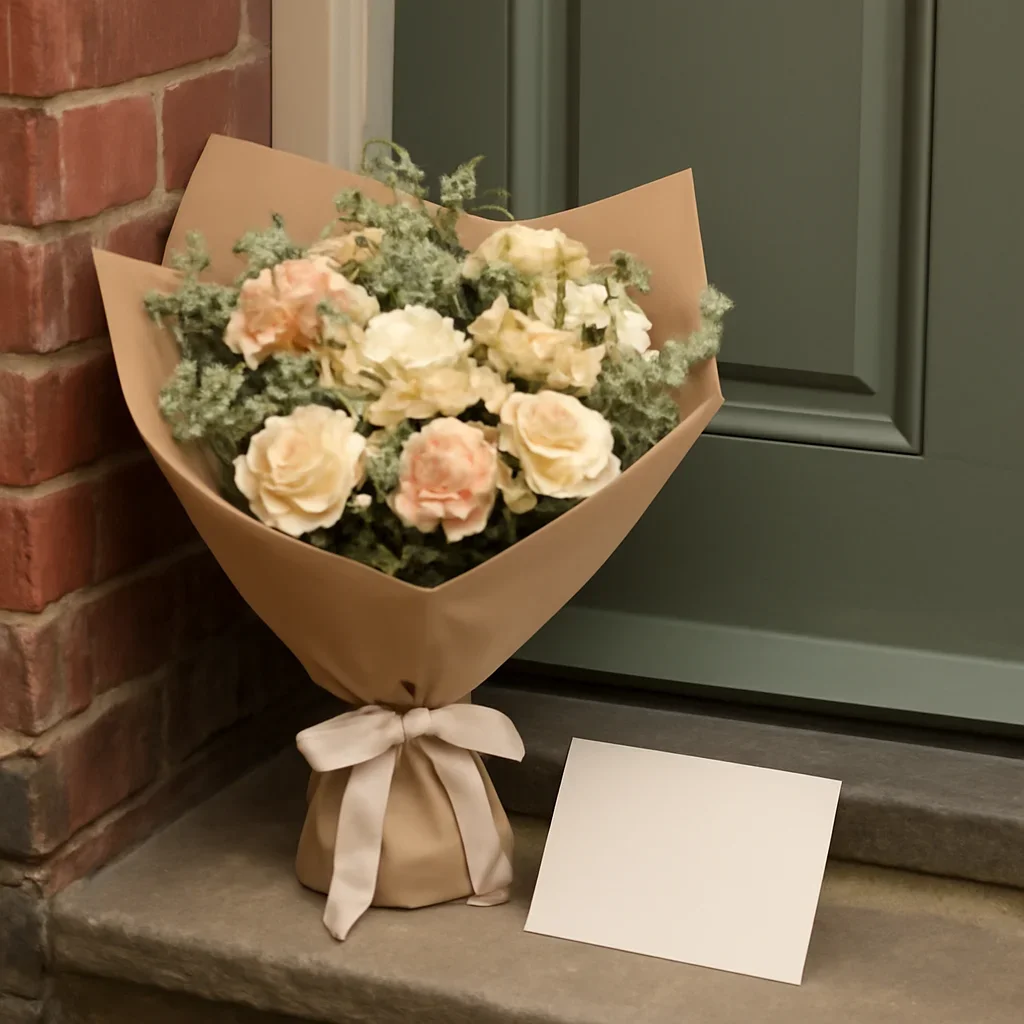 Wrapped flowers and gift card ready to leave for a home in Tadcaster