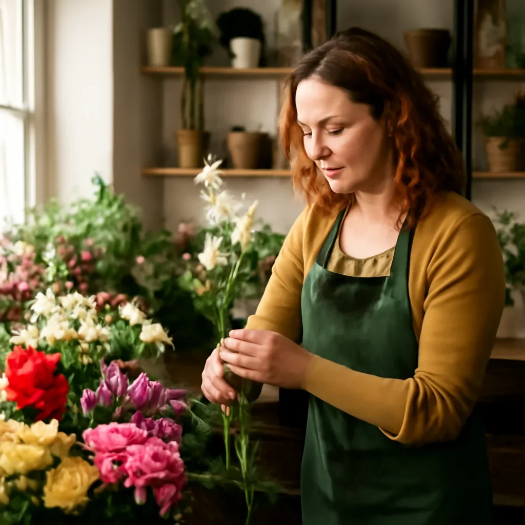 Florist selecting fresh stems for an order going to Tadcaster