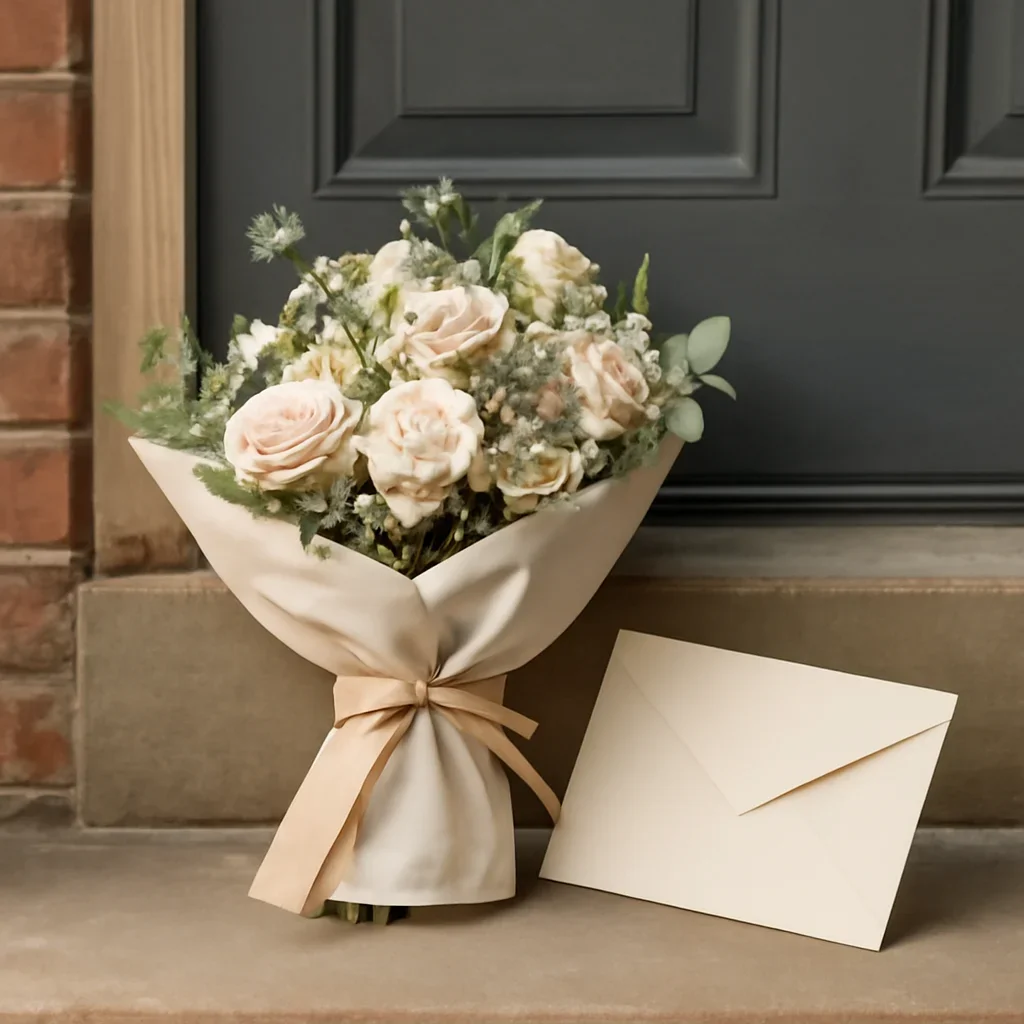 Wrapped flowers and gift card ready to leave for a home in Wakefield