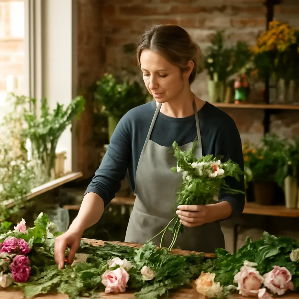 Florist selecting fresh stems for an order going to Wakefield