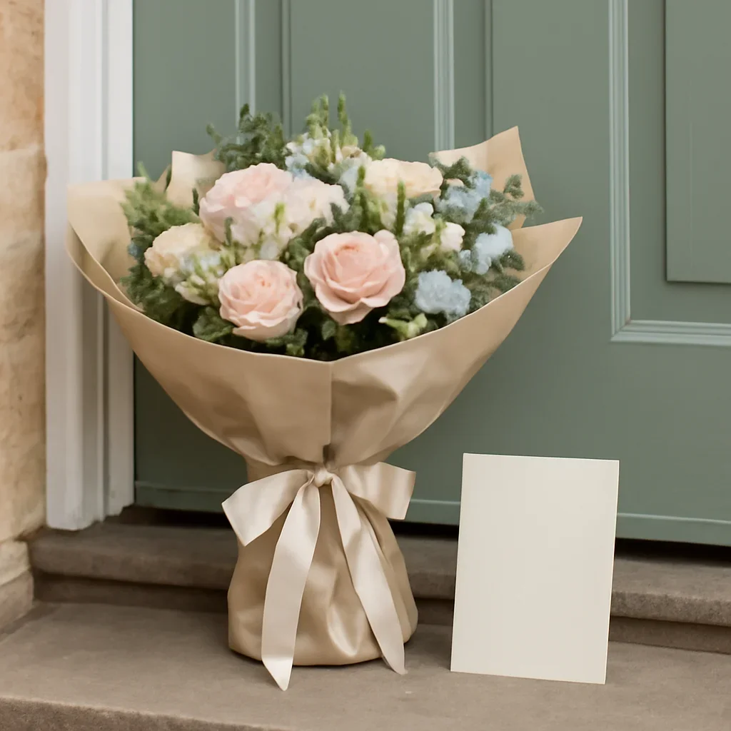 Wrapped flowers and gift card ready to leave for a home in Wetherby