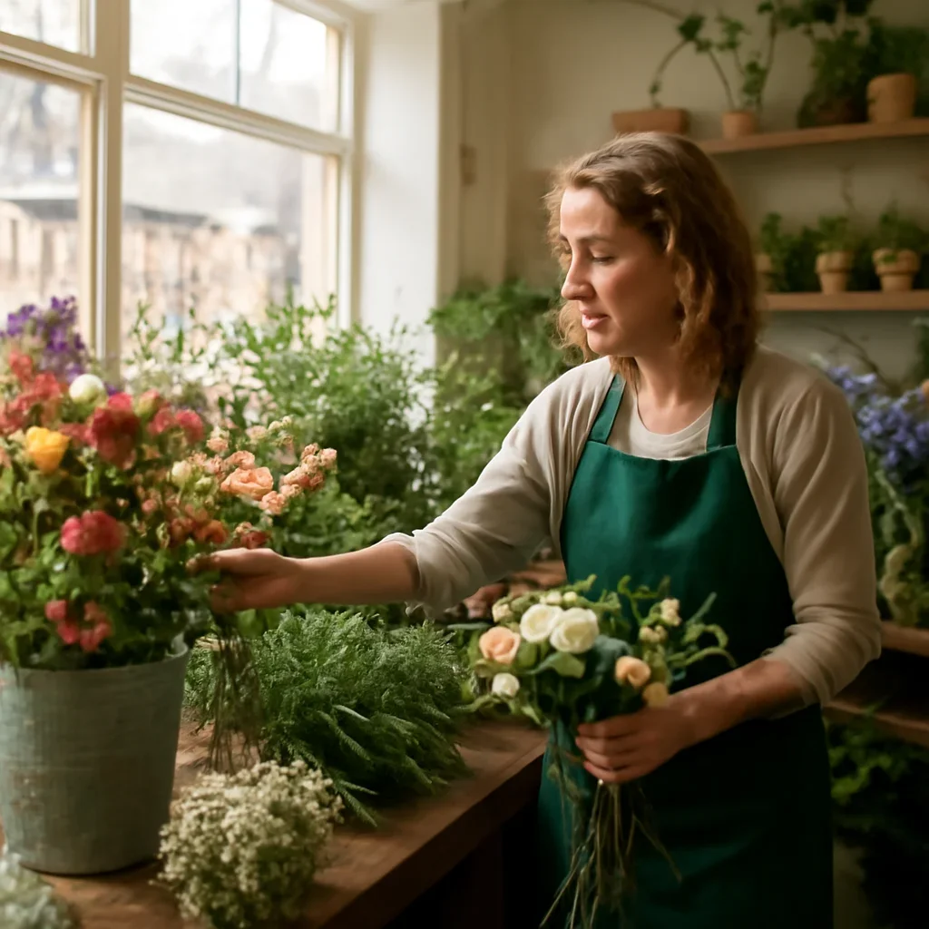 Florist selecting fresh stems for an order going to Wetherby