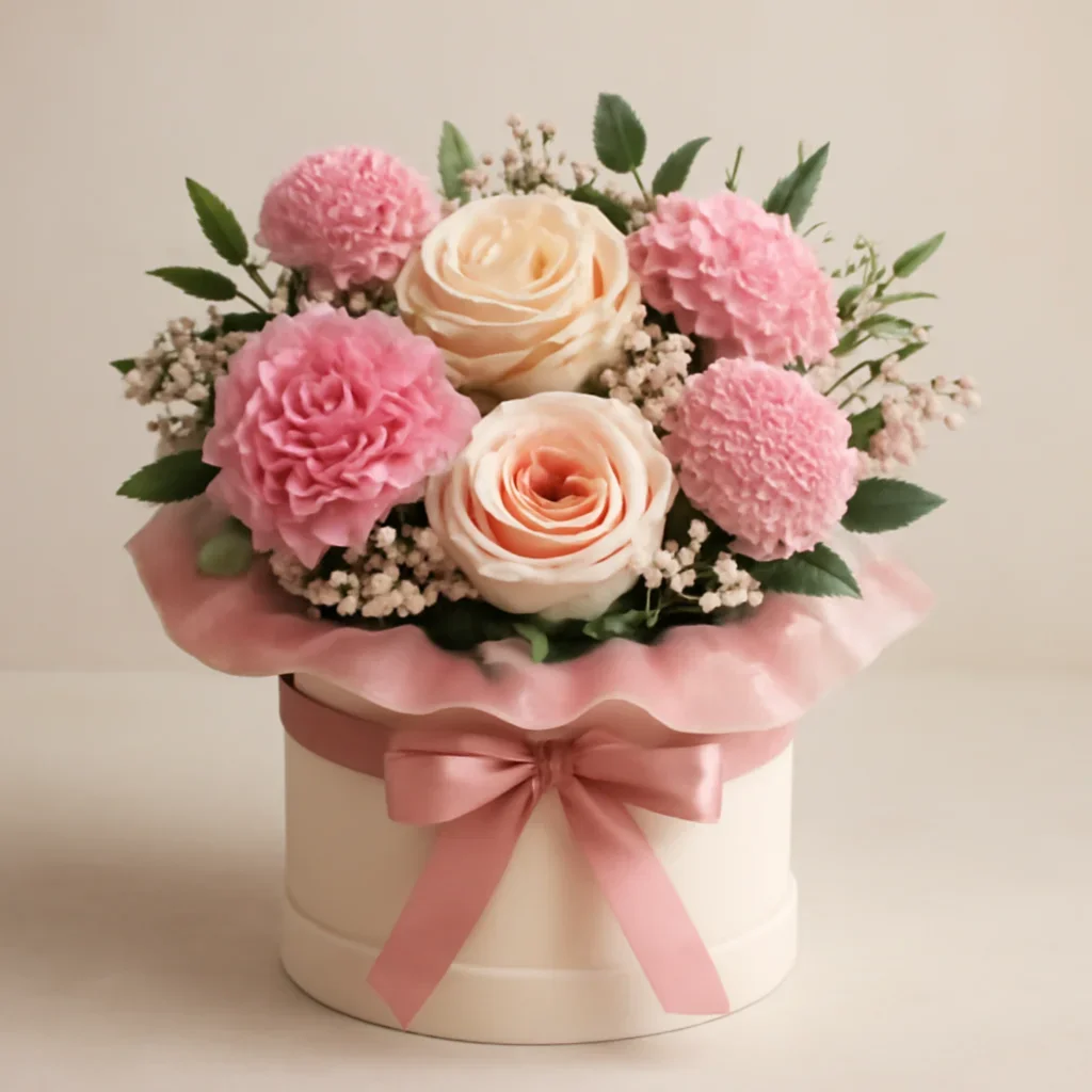 Wrapped arrangement for hatbox flowers