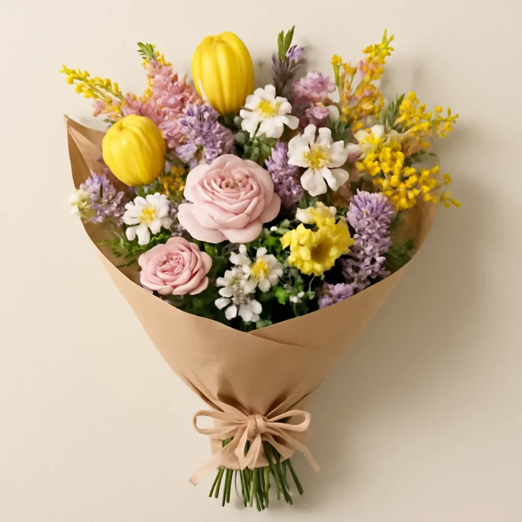 Wrapped arrangement for spring flowers
