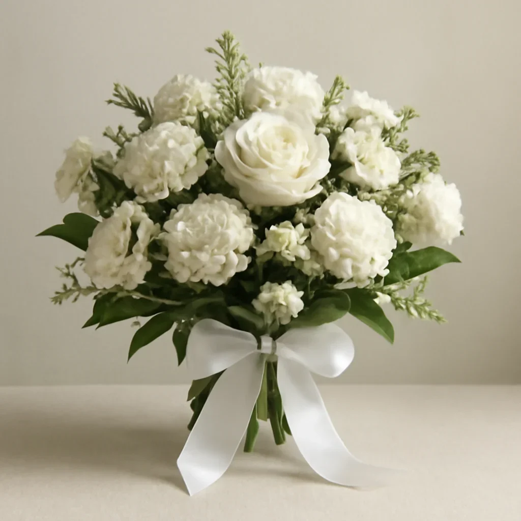 Finished sympathy arrangement with ribbon and understated presentation