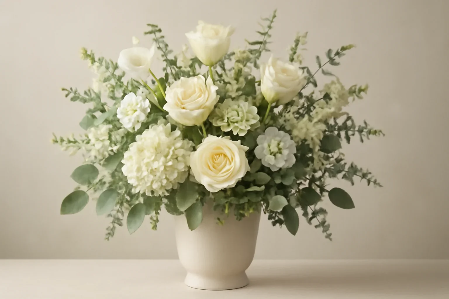 Elegant sympathy flowers in whites, greens, and soft neutrals