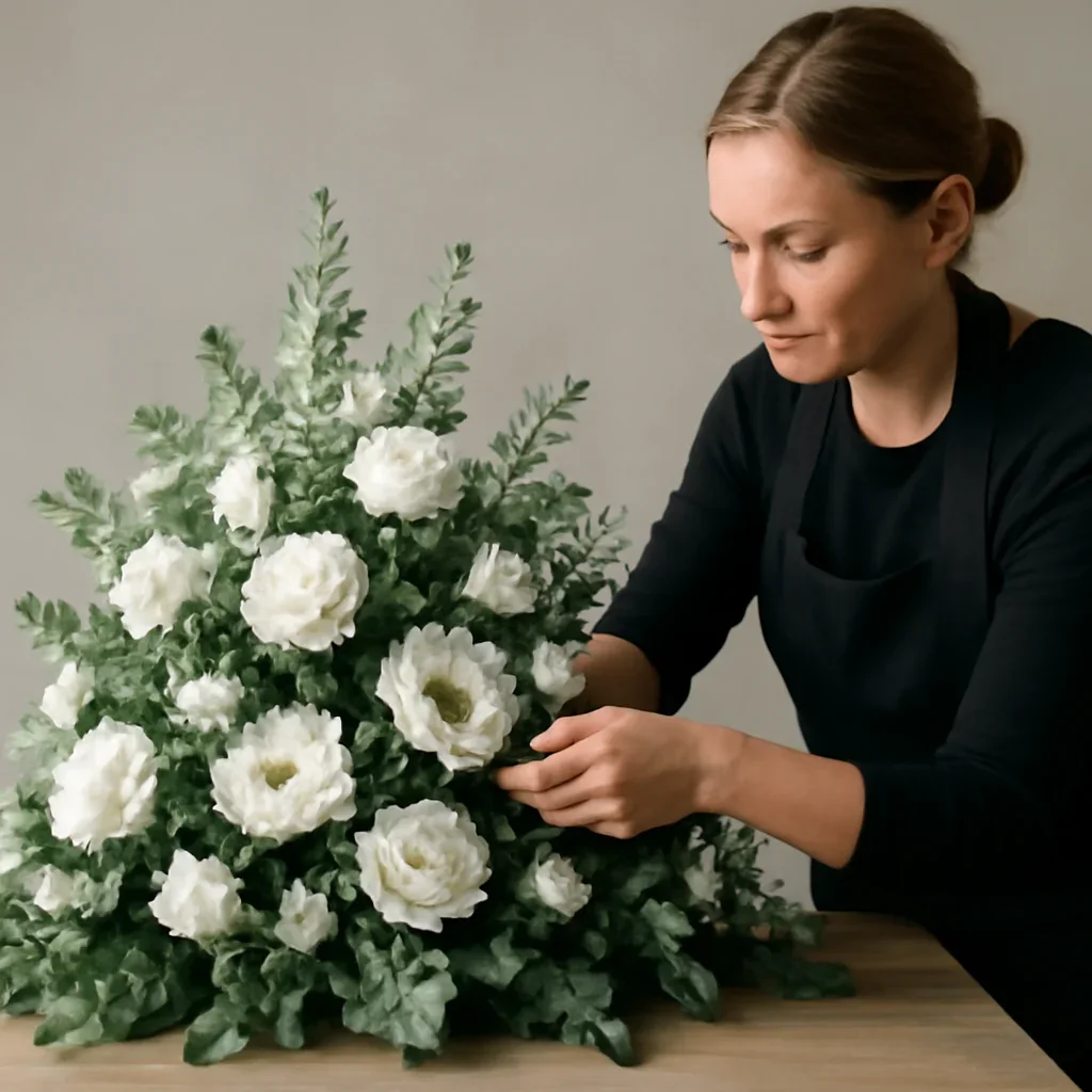 Florist carefully arranging a tribute with soft white blooms and foliage