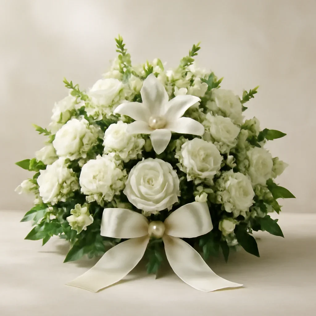 Finished sympathy arrangement with ribbon and understated presentation