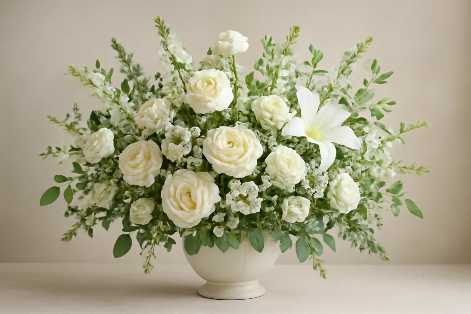 Elegant sympathy flowers in whites, greens, and soft neutrals
