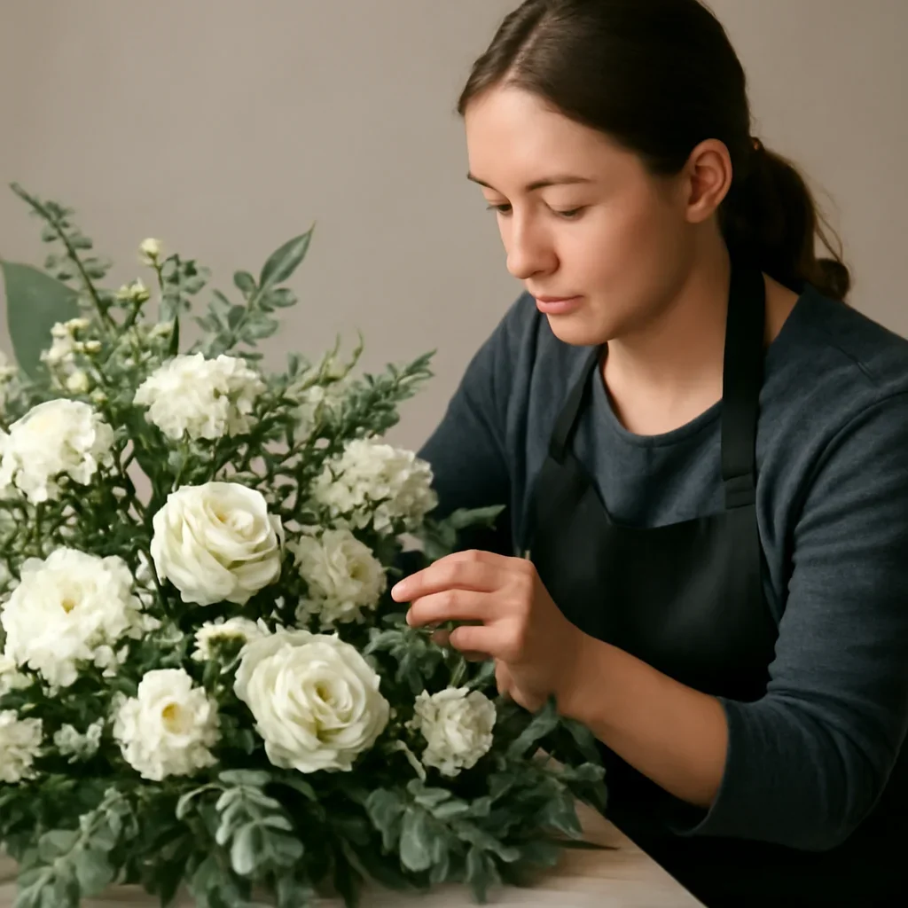 Florist carefully arranging a tribute with soft white blooms and foliage