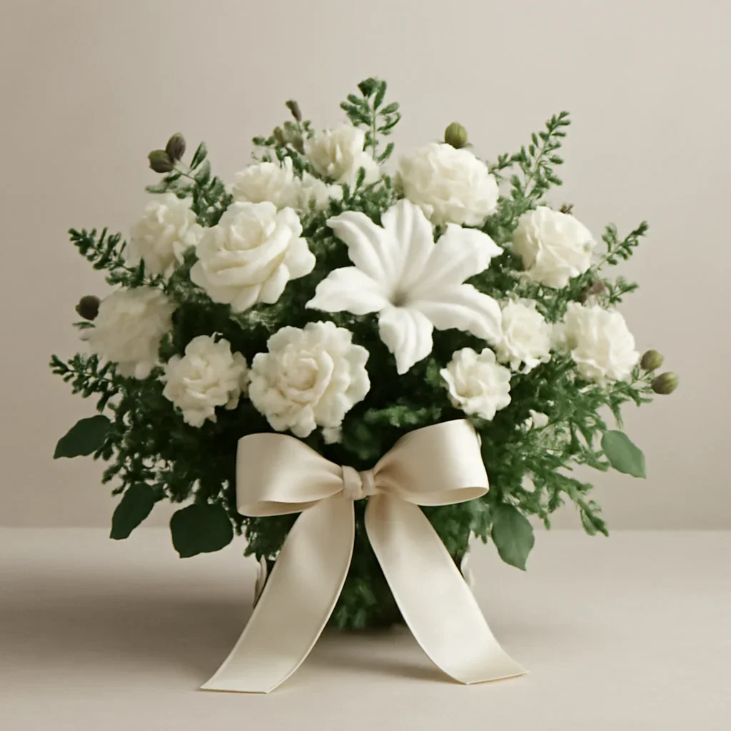 Finished sympathy arrangement with ribbon and understated presentation