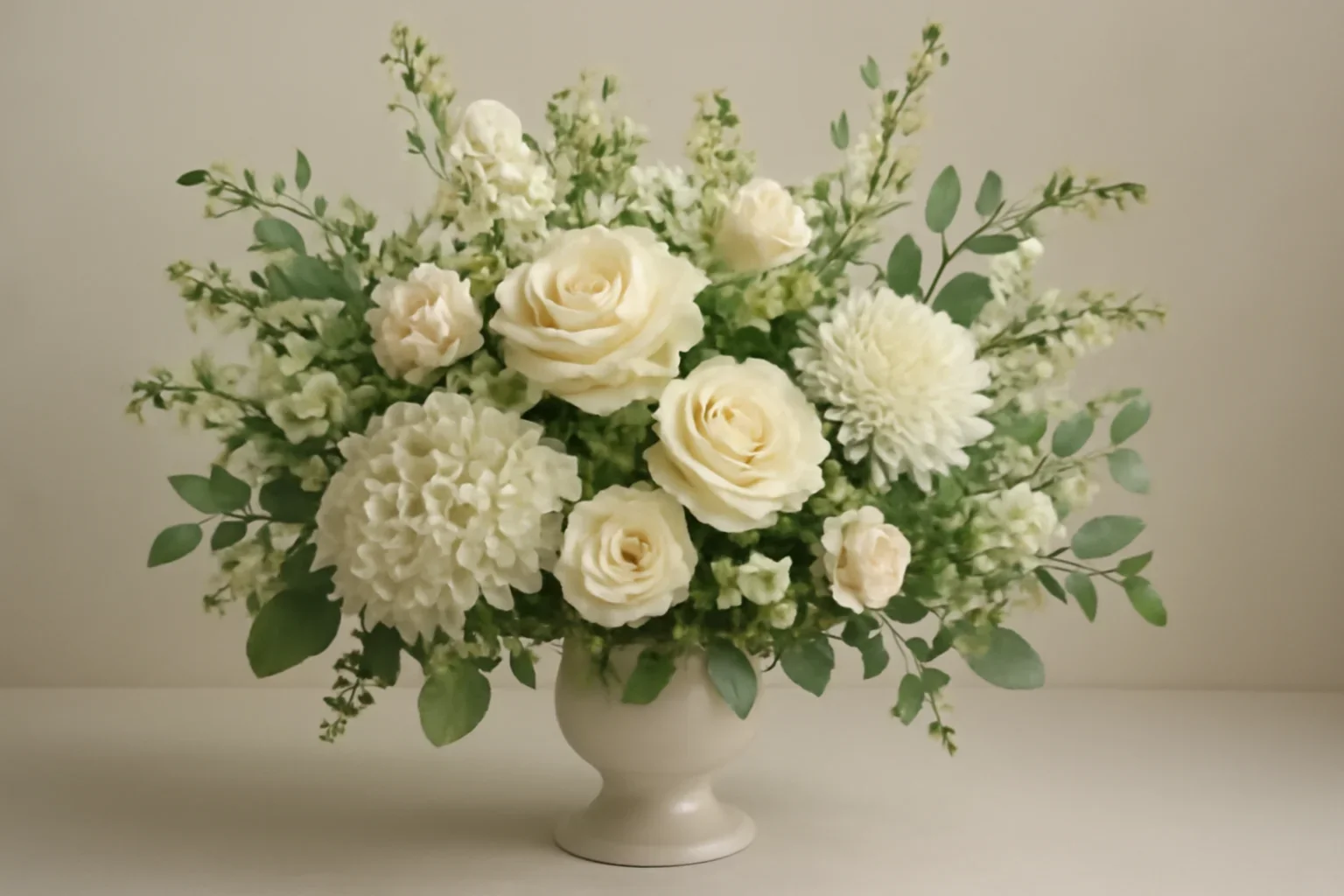 Elegant sympathy flowers in whites, greens, and soft neutrals
