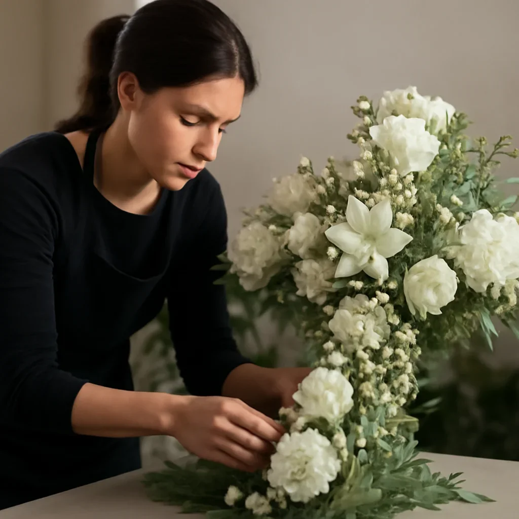 Florist carefully arranging a tribute with soft white blooms and foliage
