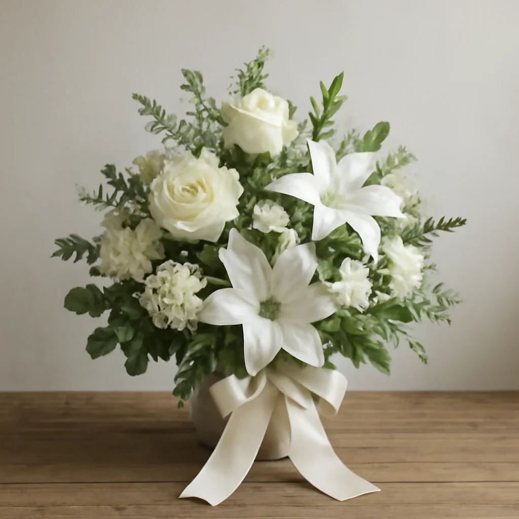 Finished sympathy arrangement with ribbon and understated presentation