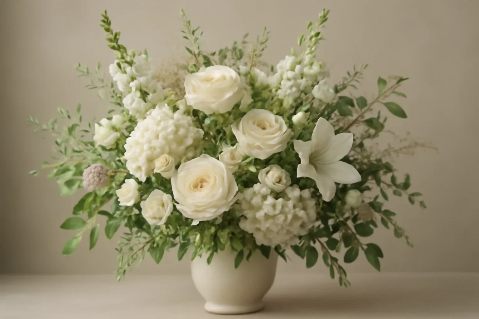 Elegant sympathy flowers in whites, greens, and soft neutrals
