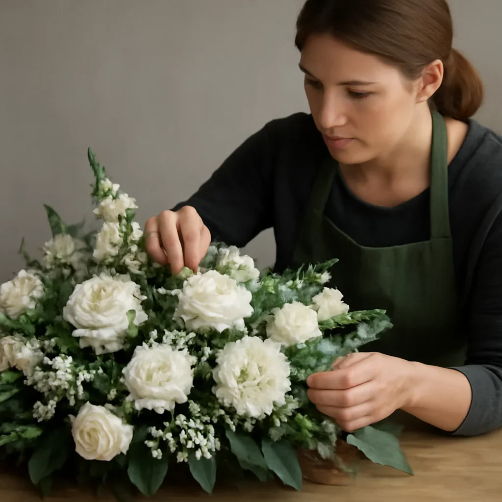 Florist carefully arranging a tribute with soft white blooms and foliage