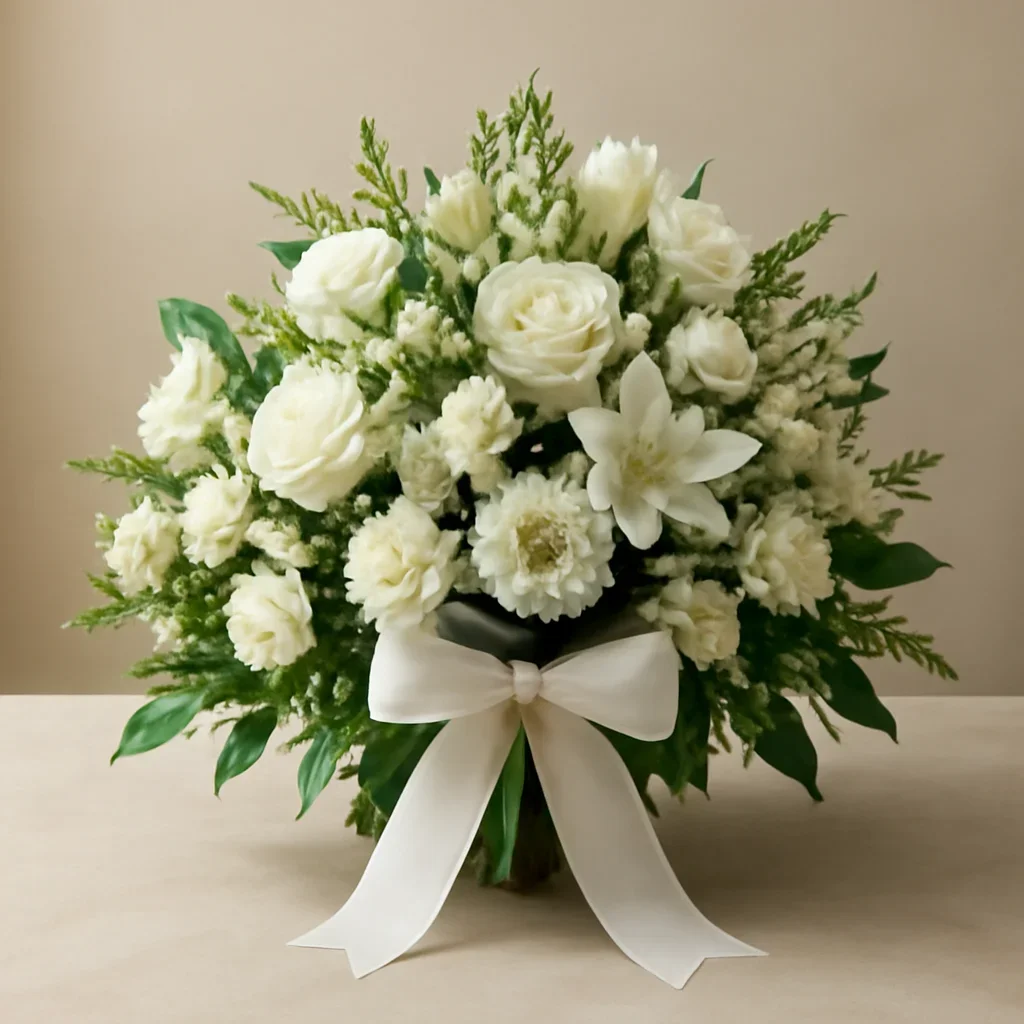 Finished sympathy arrangement with ribbon and understated presentation