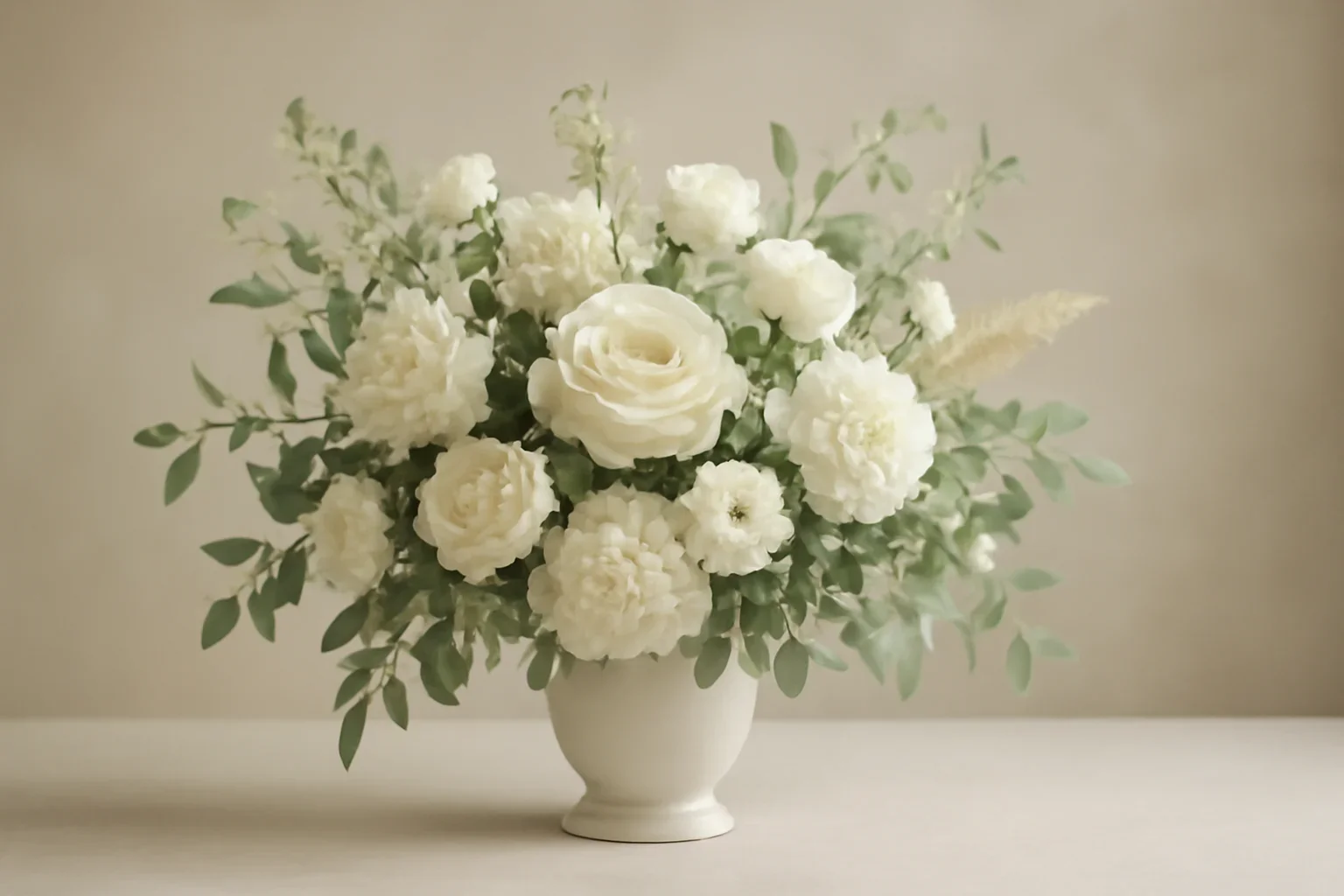 Elegant sympathy flowers in whites, greens, and soft neutrals