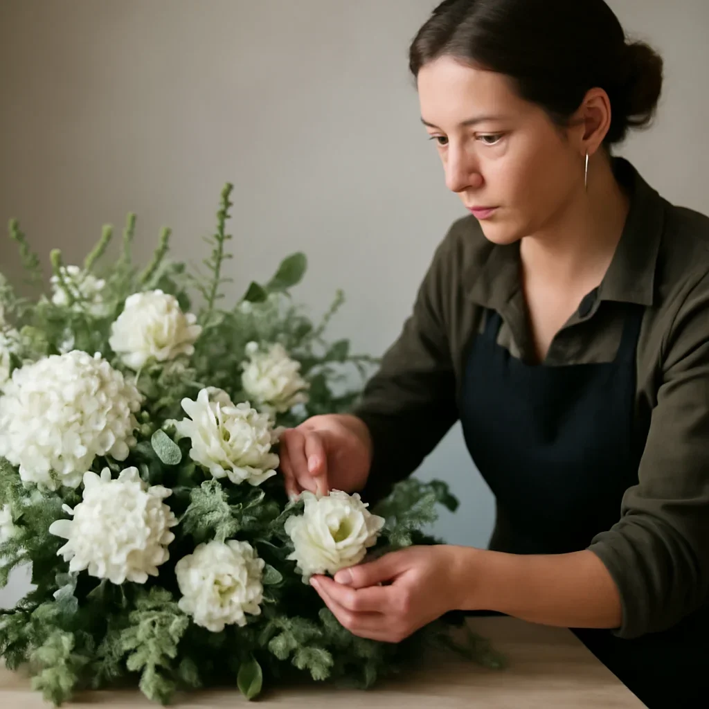 Florist carefully arranging a tribute with soft white blooms and foliage