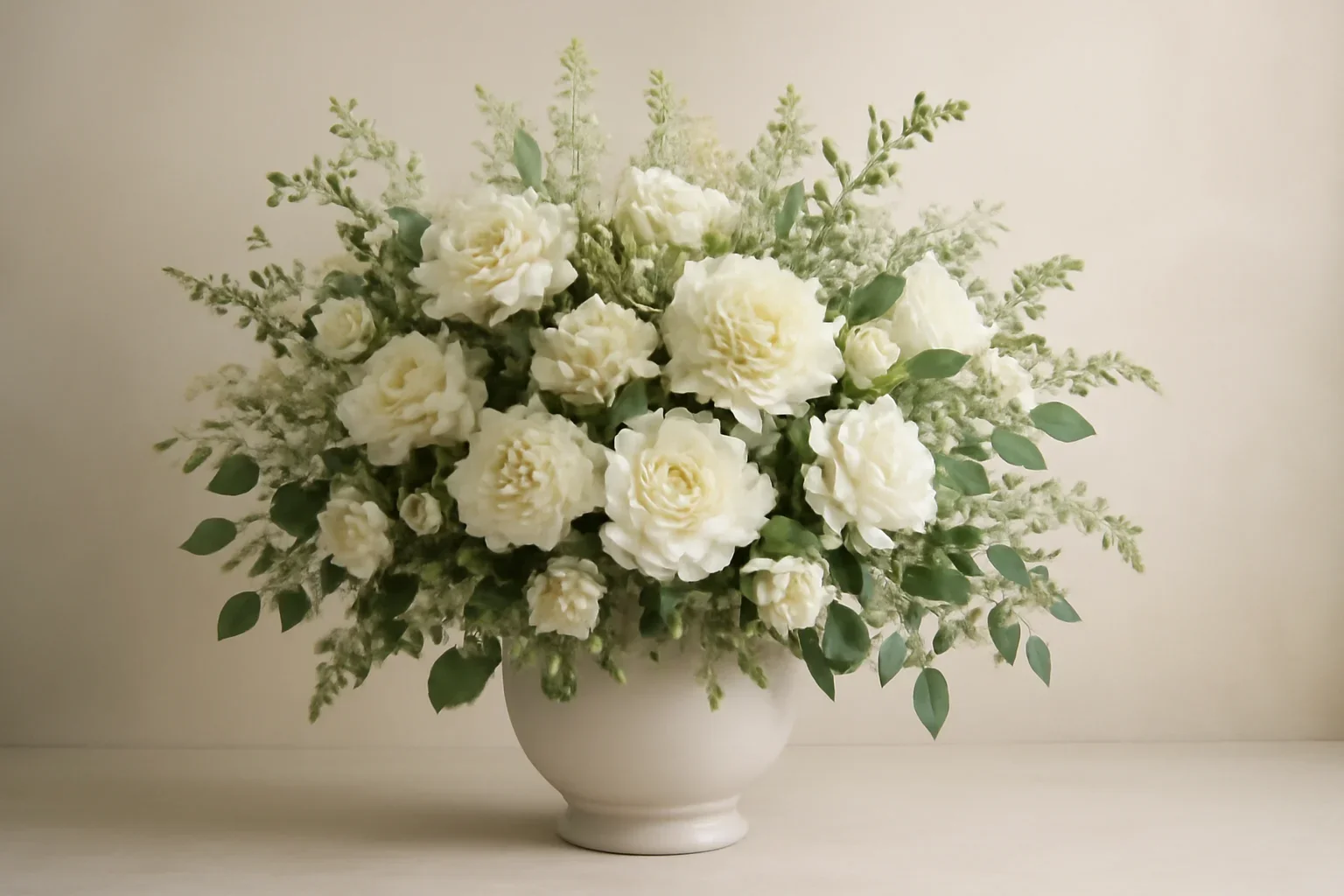 Elegant sympathy flowers in whites, greens, and soft neutrals