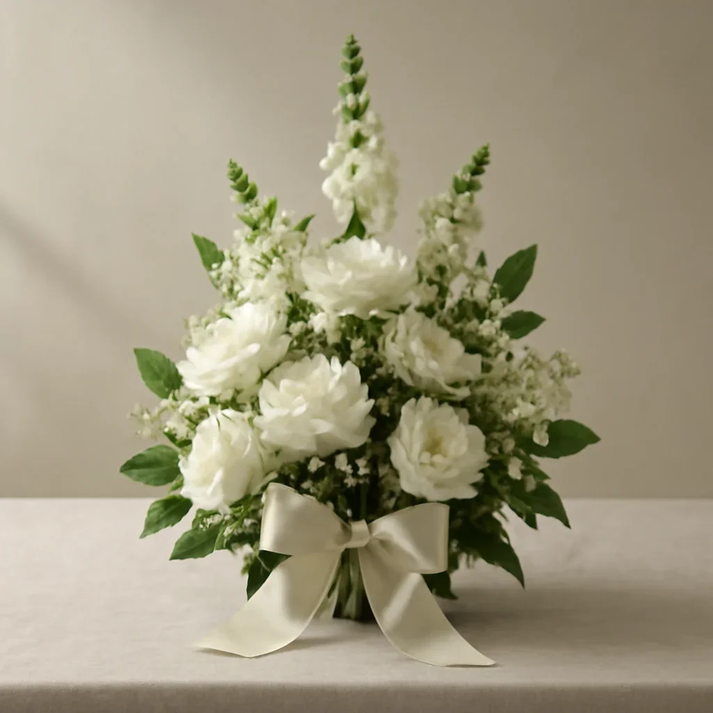 Finished sympathy arrangement with ribbon and understated presentation